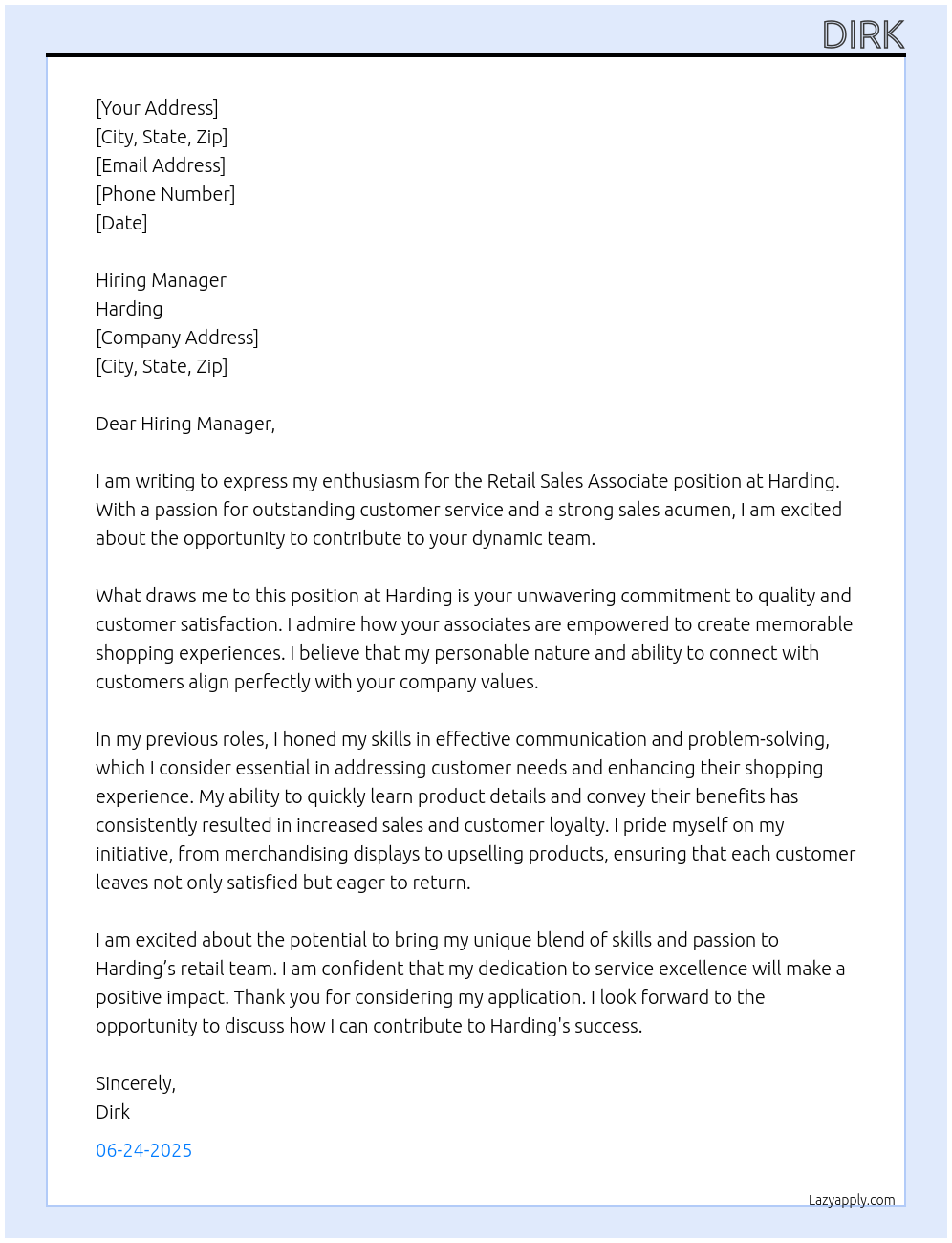 Retail sales associate  At Harding Cover Letter