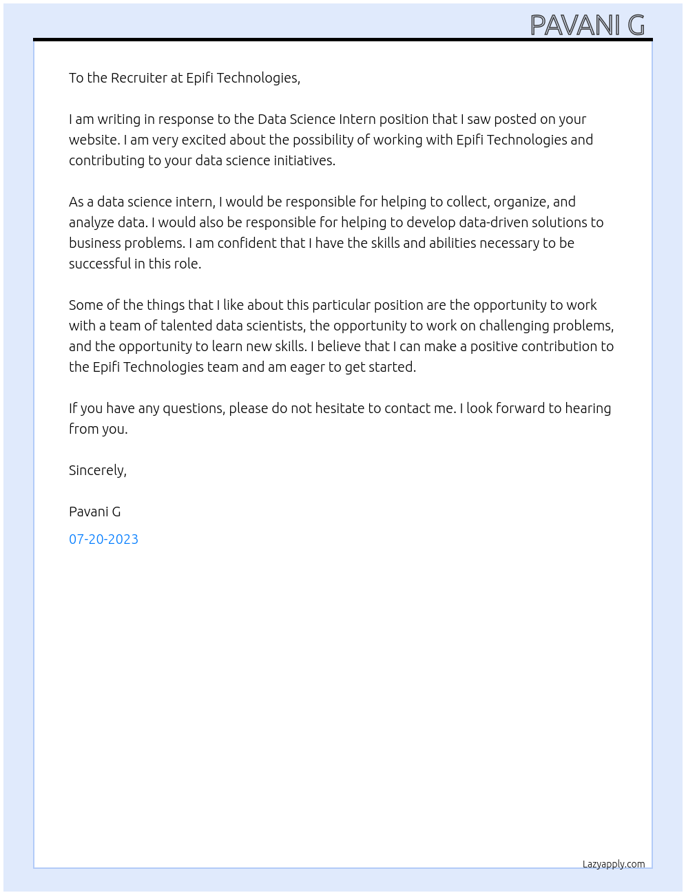 Data science intern At Epifi Technologies Cover Letter