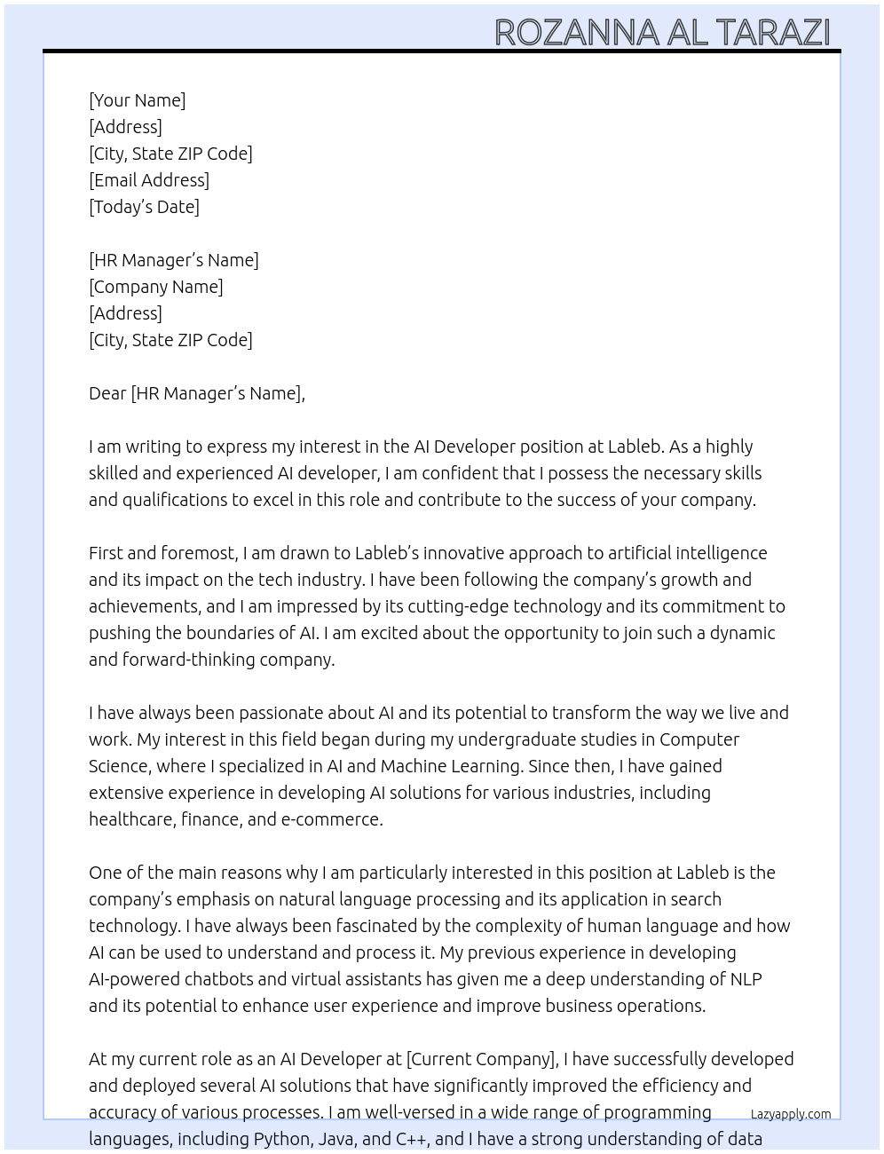 AI developer At lableb Cover Letter