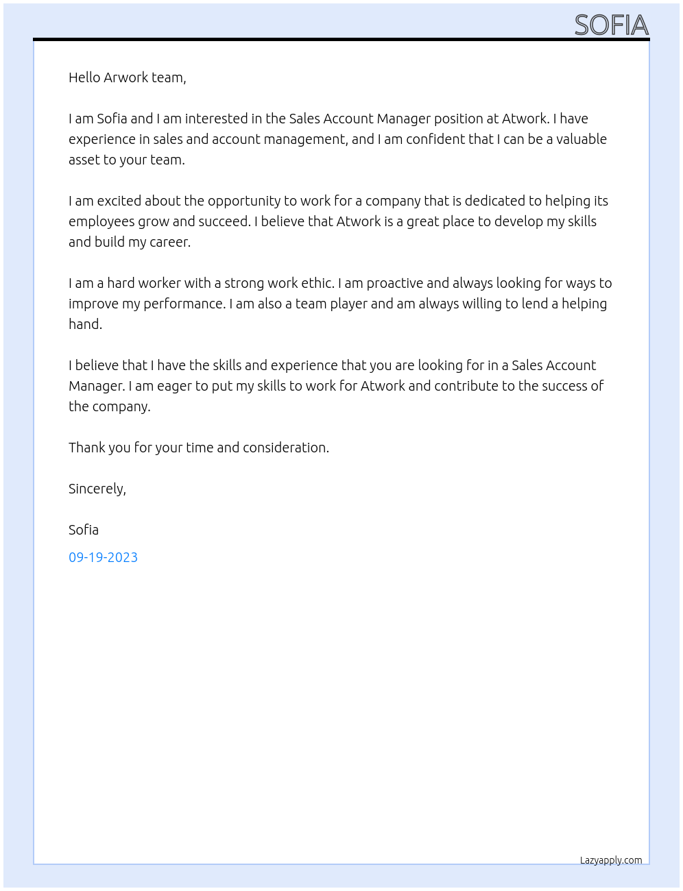 Sales Account Manager At Atwork Cover Letter