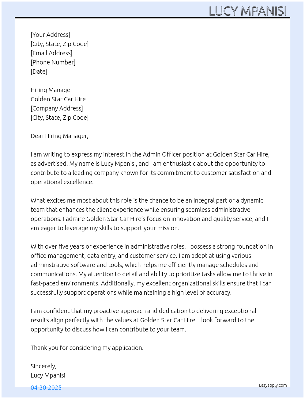 Admin officer At Golden star car hire Cover Letter