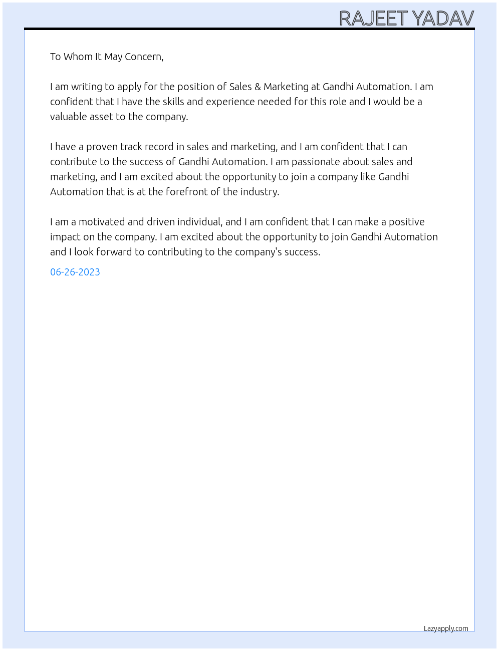 SALES & MARKETING At GANDHI AUTOMATION Cover Letter