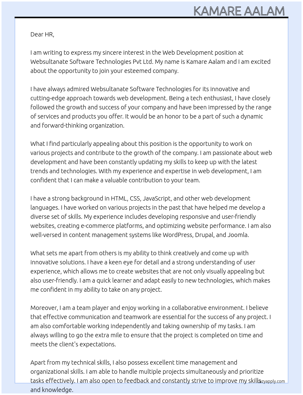 Web development At Websultanate Software technologies Pvt Ltd Cover Letter