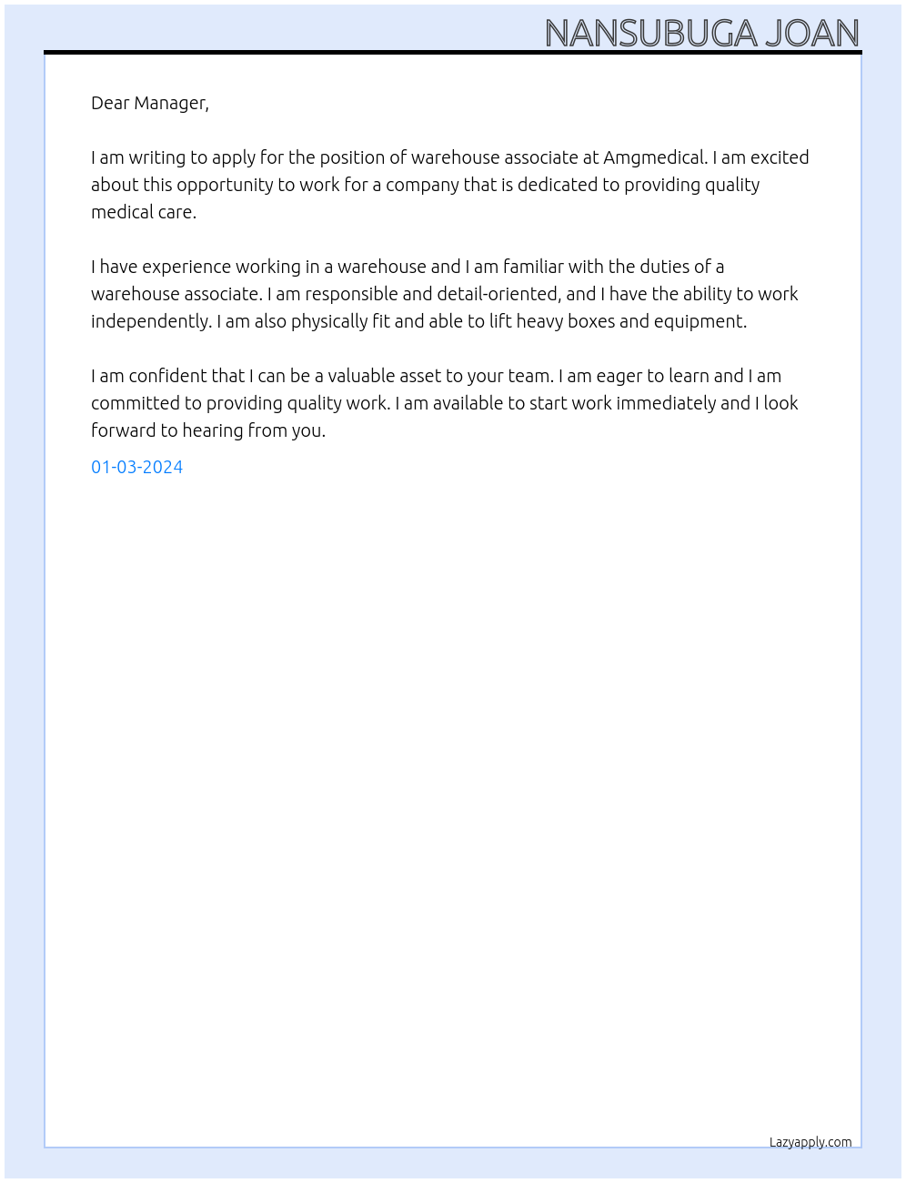 Warehouse associate At Amgmedical Cover Letter