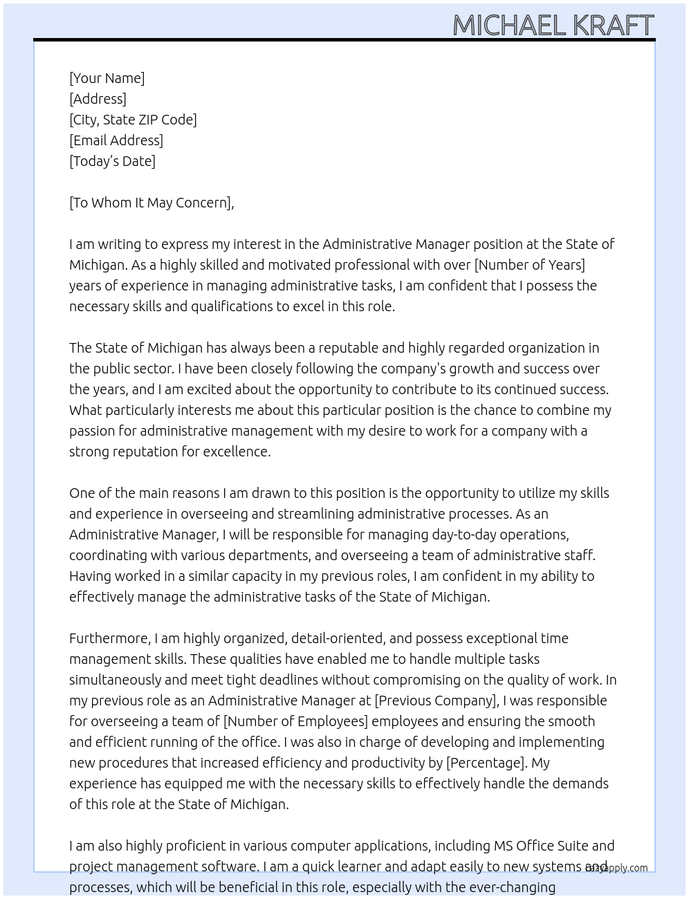 Administrative Manager At State of Michigan Cover Letter