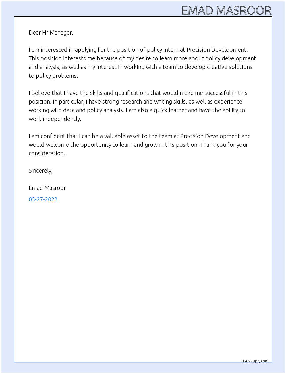 policy intern At Precision Development Cover Letter