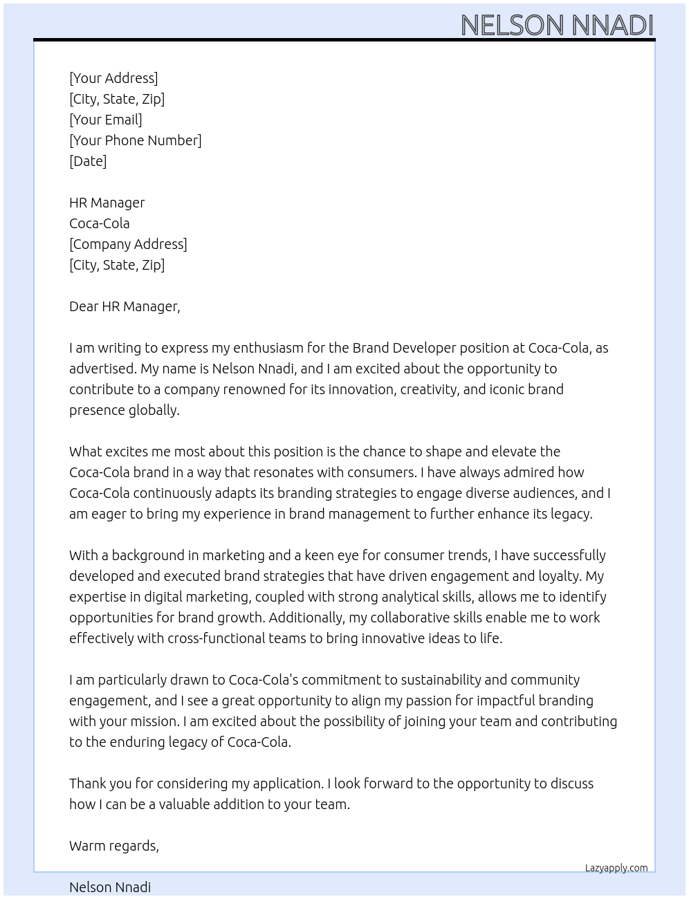 Brand developer At Coca cola Cover Letter