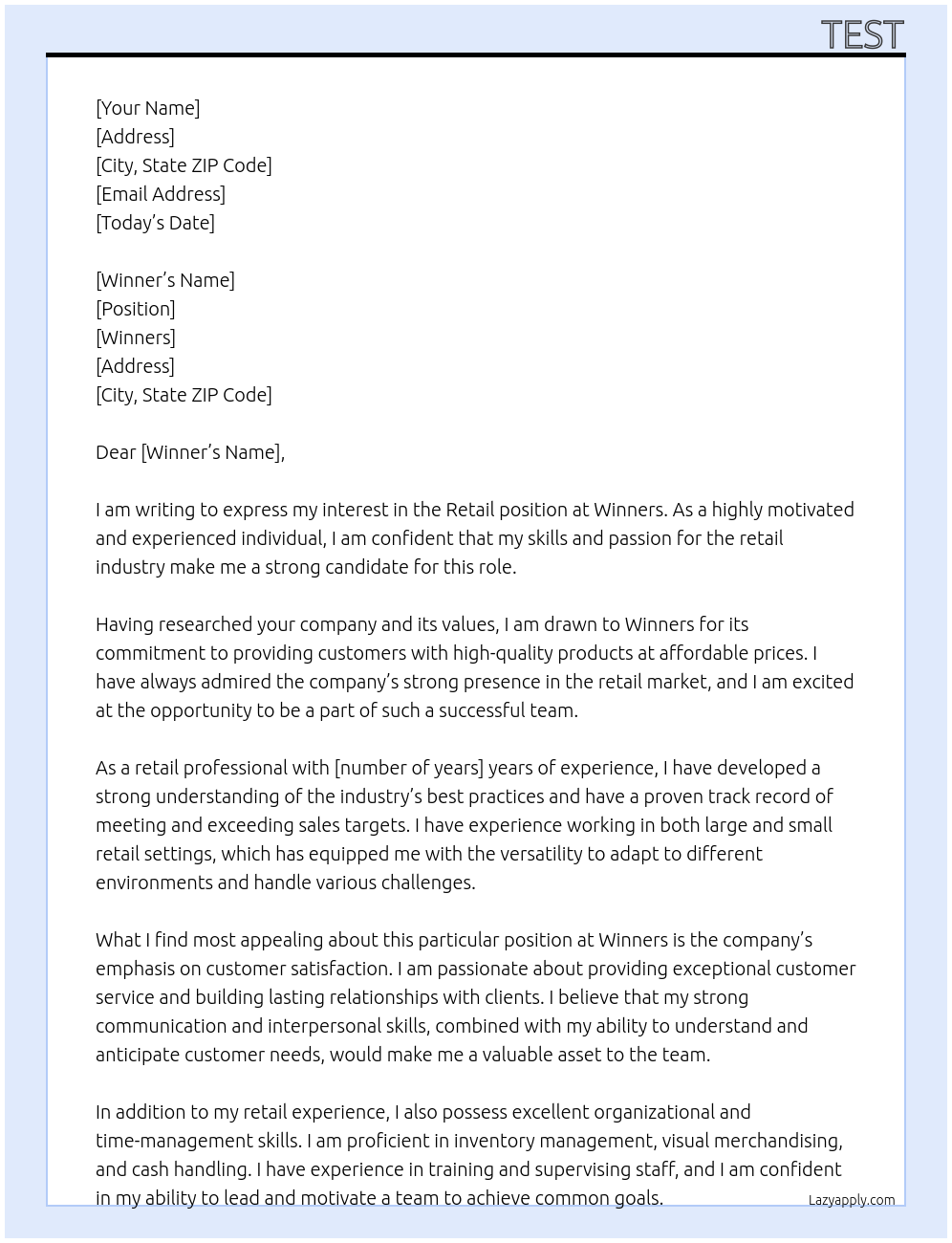 Retail At Winners Cover Letter