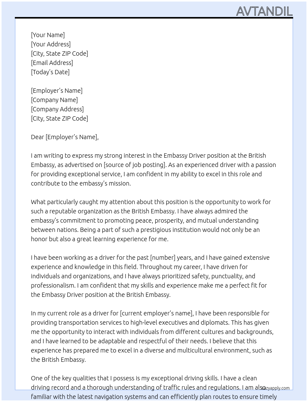 Embassy Driver At British embassy Cover Letter