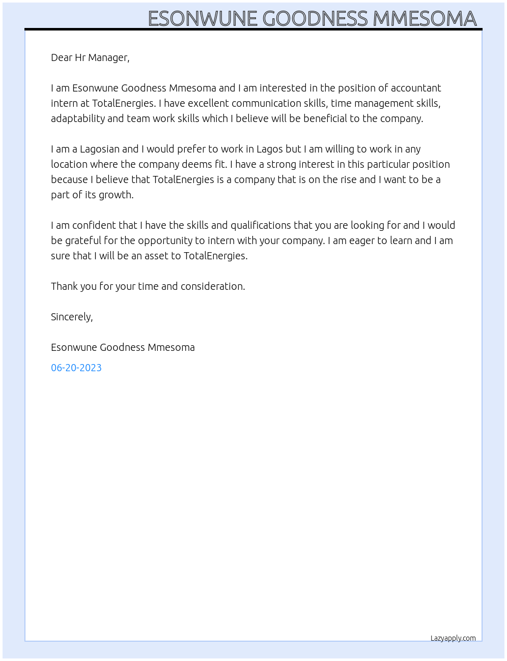 Accountant intern At TotalEnergies Cover Letter