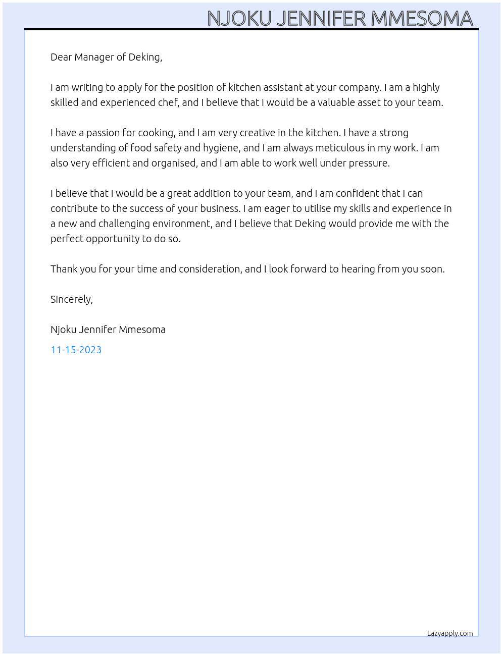 Kitchen assistant At Deking Cover Letter