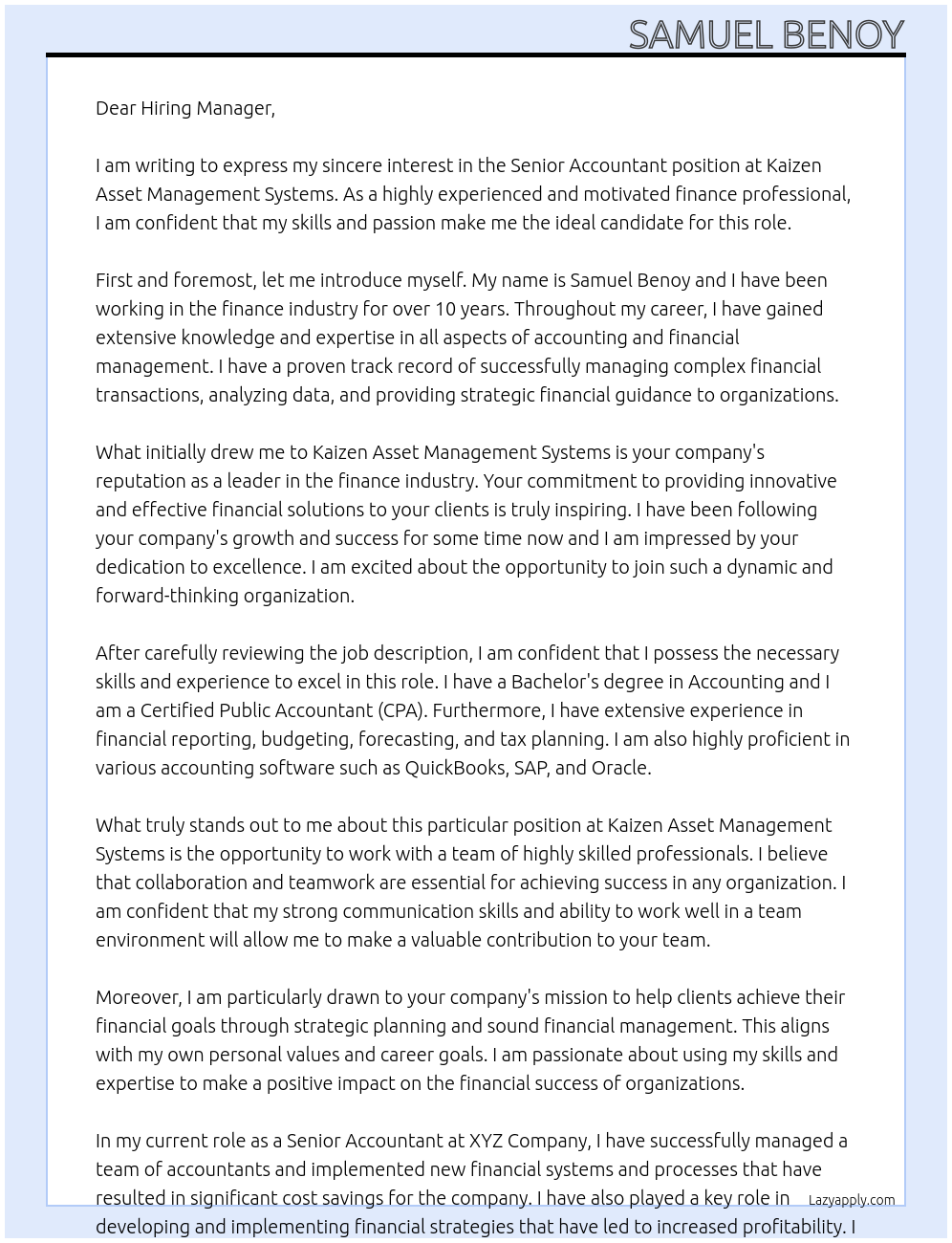 Senior Accountant At Kaizen Asset Management Systems Cover Letter