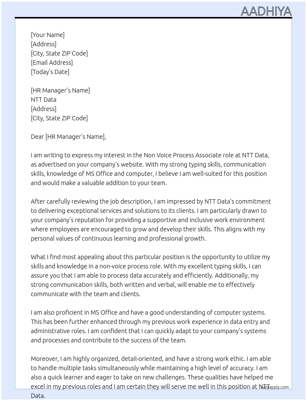 Non Voice Process  At Ntt Data  Cover Letter