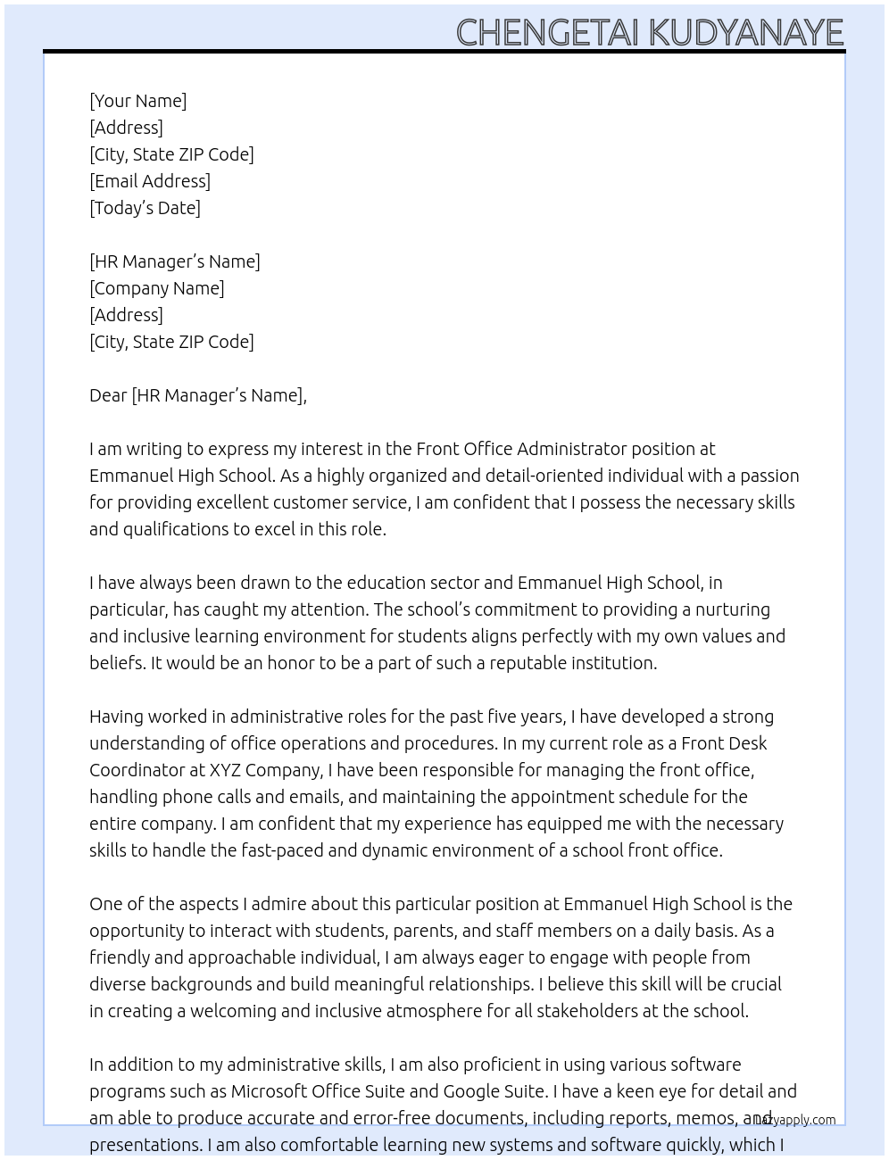 Front office Administrator  At Emmanuel High School  Cover Letter
