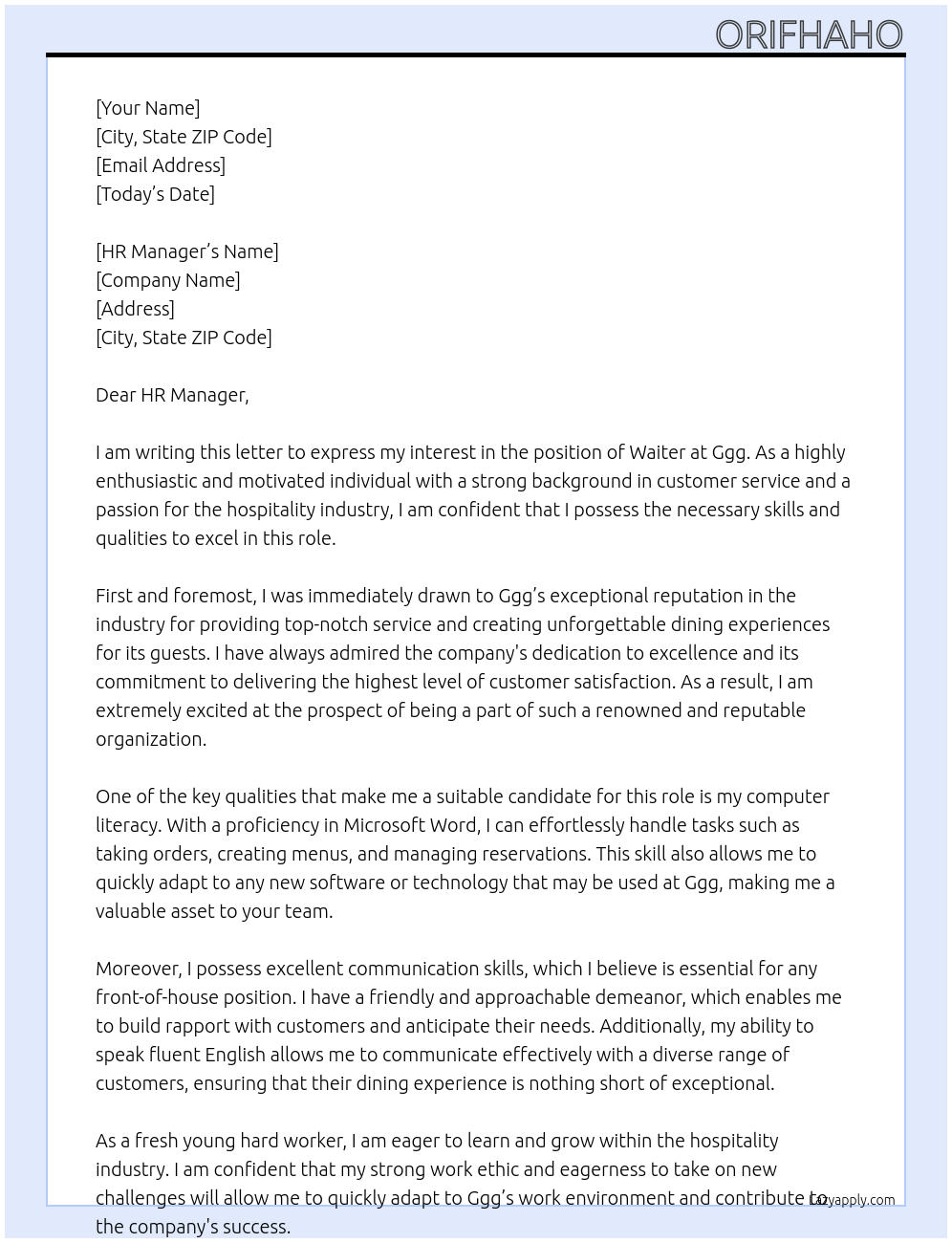 Waiter At Ggg Cover Letter