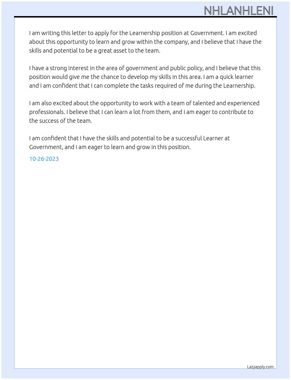 Learnship  At Government  Cover Letter