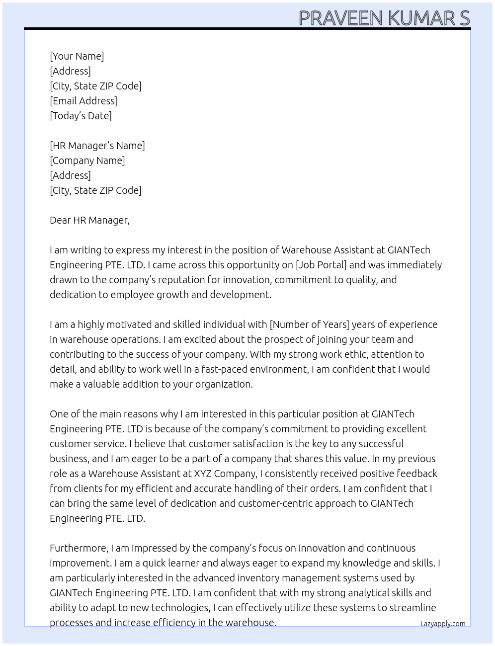 Warehouse Assistant At GIANTECH ENGINEERING PTE. LTD Cover Letter