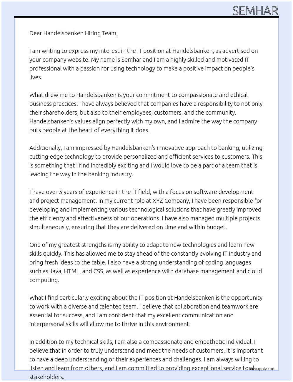 it At handelsbanken Cover Letter