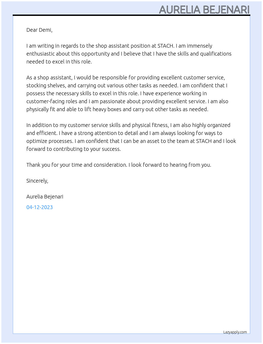 Shop Assistant At STACH Cover Letter