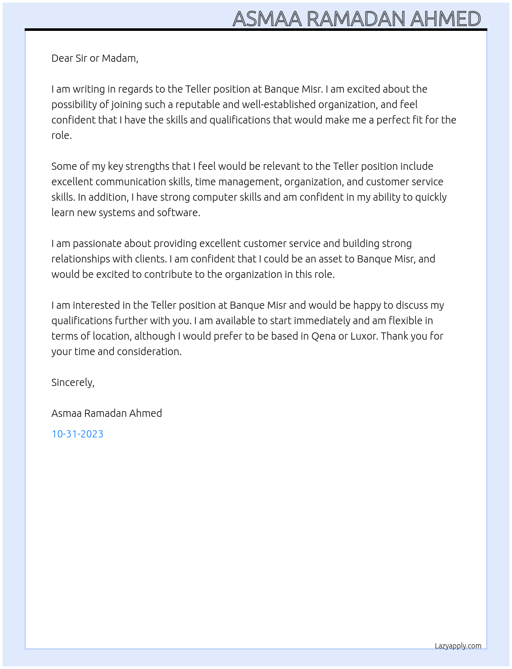 Teller At Banque Misr Cover Letter