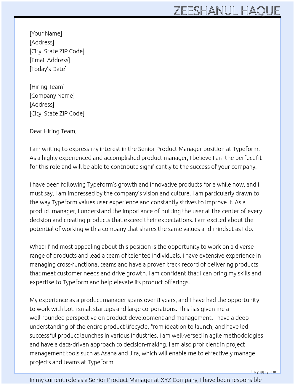 Senior Product Manager At Typeform Cover Letter