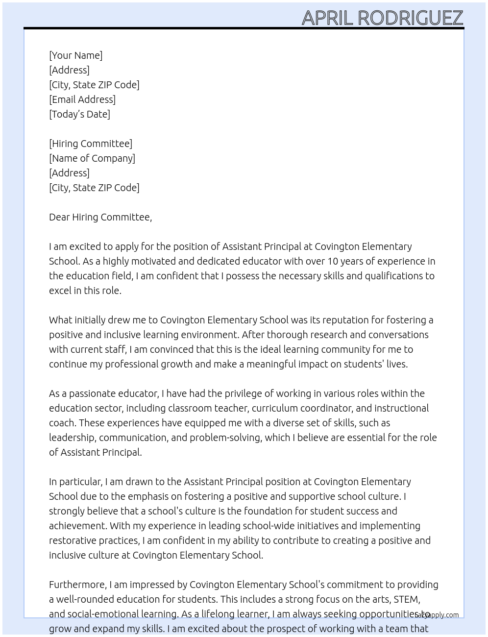 assistant principal At Covington Elementary School Cover Letter