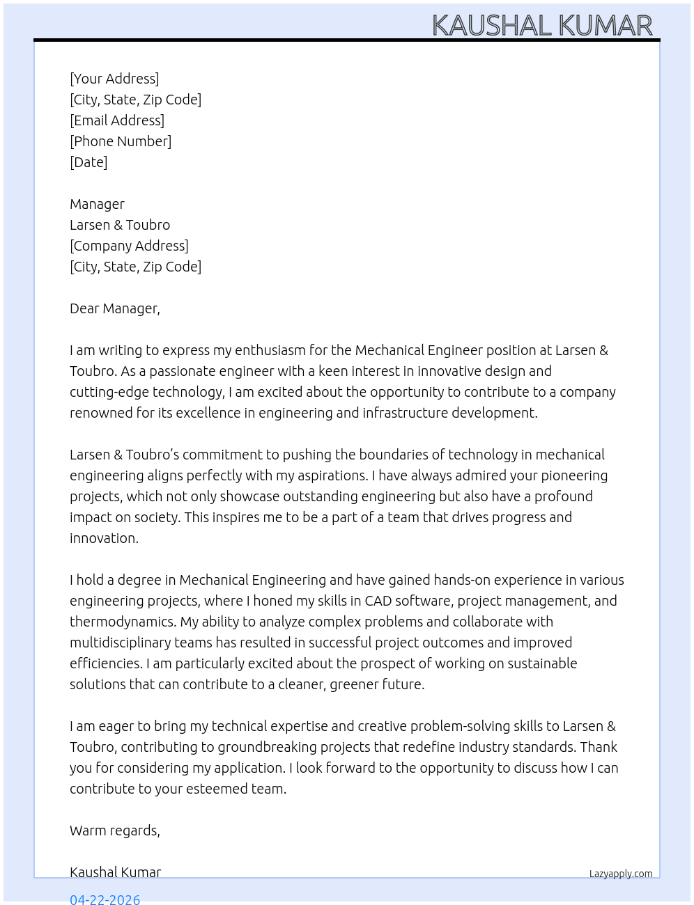 Cover letter for mechanical engineer - LazyApply