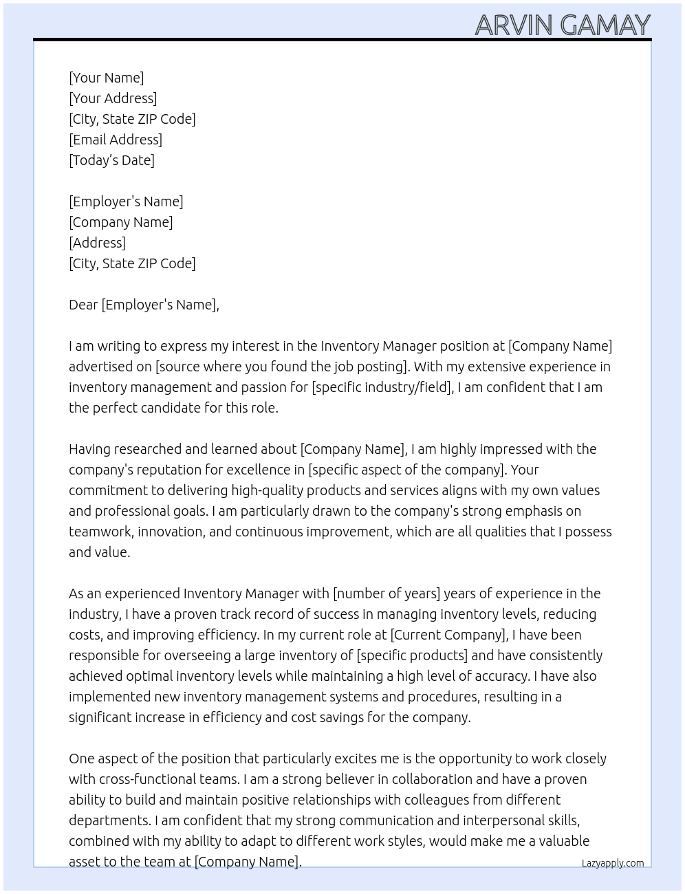 Inventory Manager At s Cover Letter