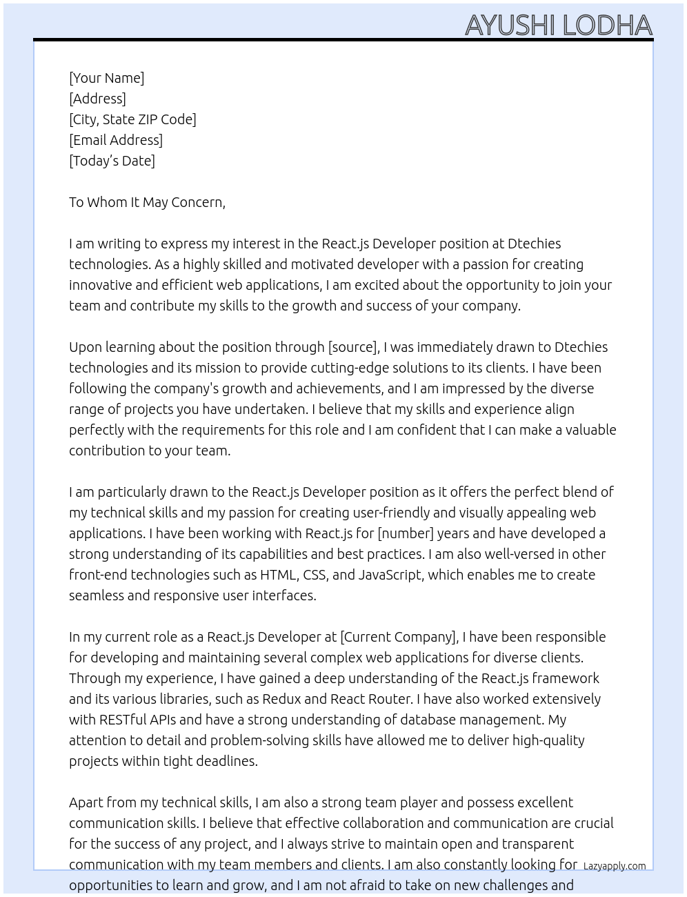 React.js Developer At Dtechies technologies Cover Letter