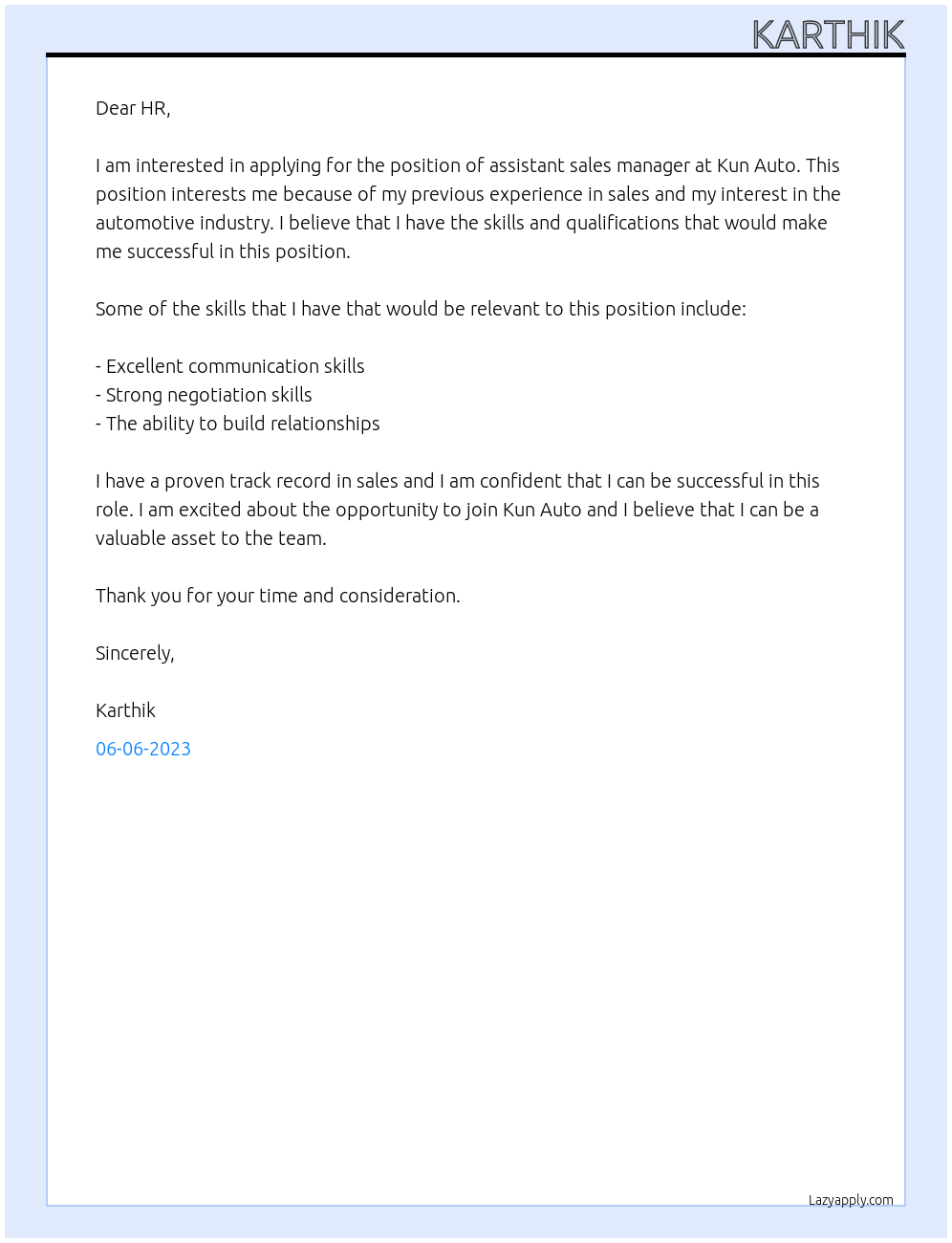 assistant sales manager At KUN AUTO Cover Letter