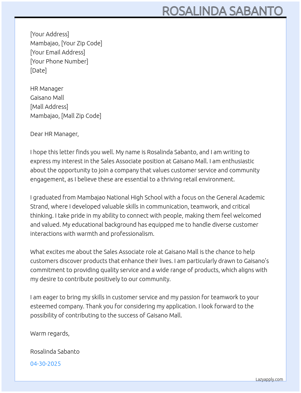 Sales associate At Gaisano mall Cover Letter