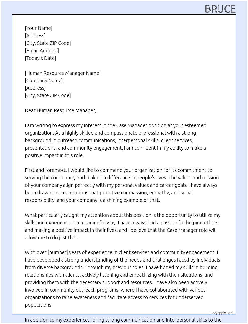 Case Manager At None Cover Letter