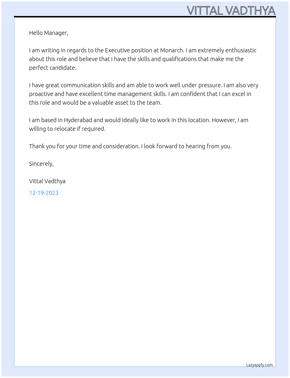 Executive At Monarch Cover Letter