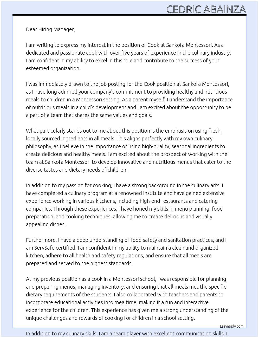 Cook At Sankofa Montessori Cover Letter