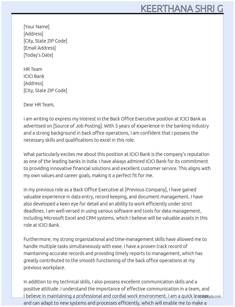 Back office Executive At ICICI Bank Cover Letter