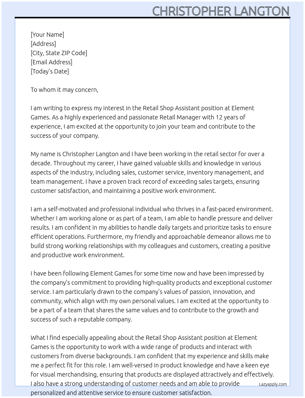 Retail shop assistant At Element Games Cover Letter