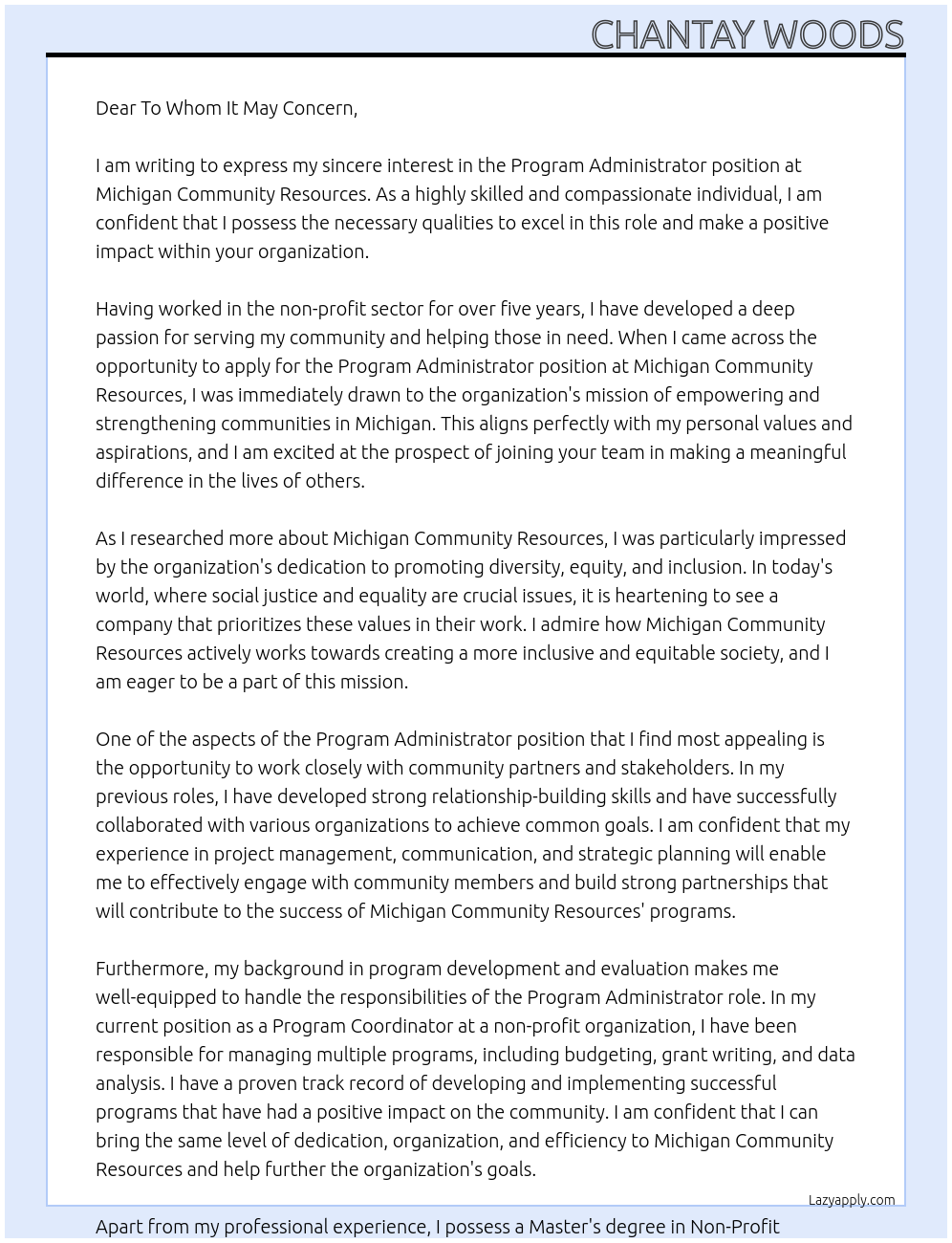 Program Administrator At Michigan Community Resources Cover Letter