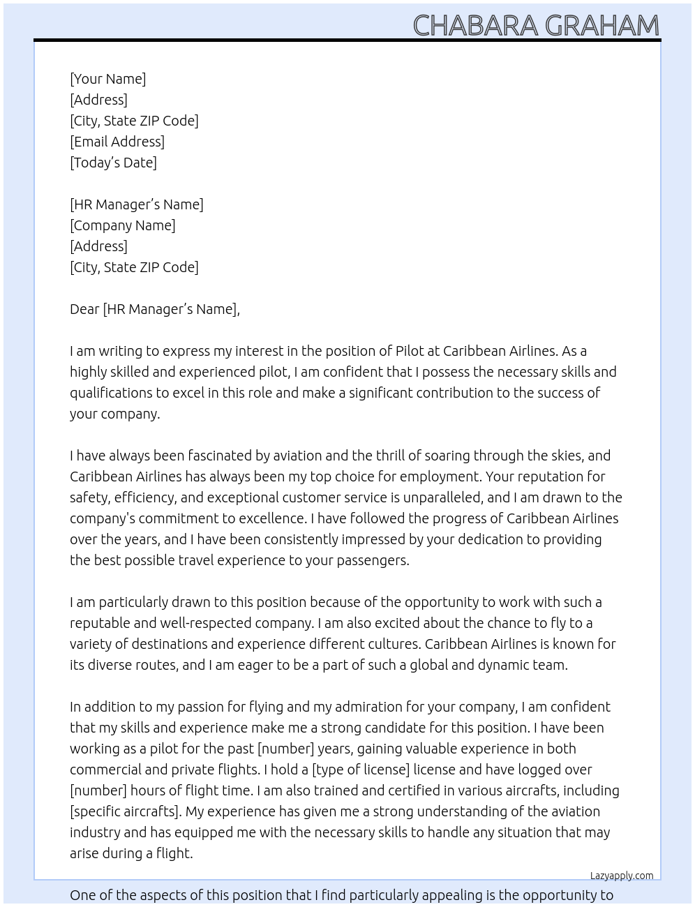 Pilot At Caribbean Airlines Cover Letter