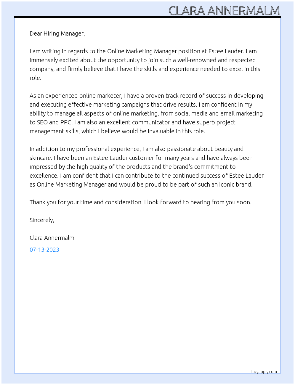 Online marketing manaer At Estee Lauder Cover Letter
