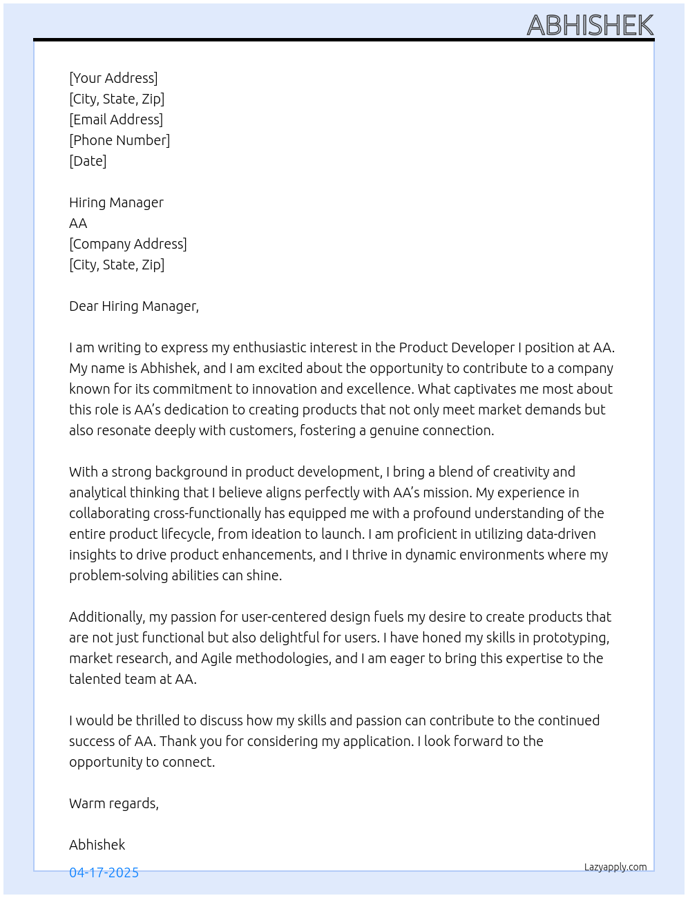 Product Developer I  At aa Cover Letter