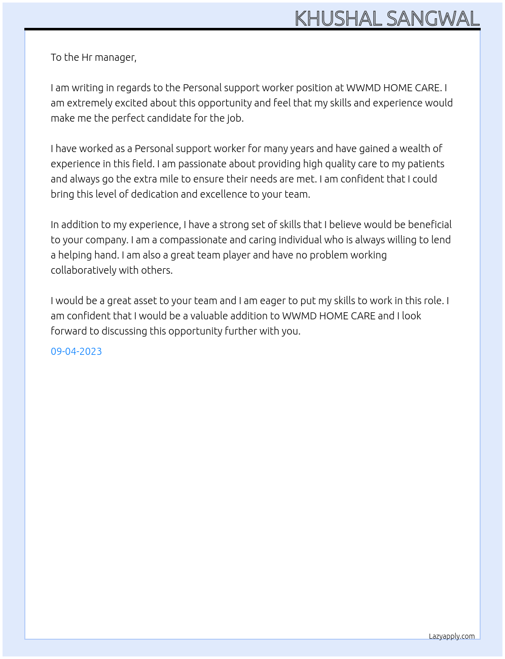 Personal support worker At WWMD HOME CARE Cover Letter