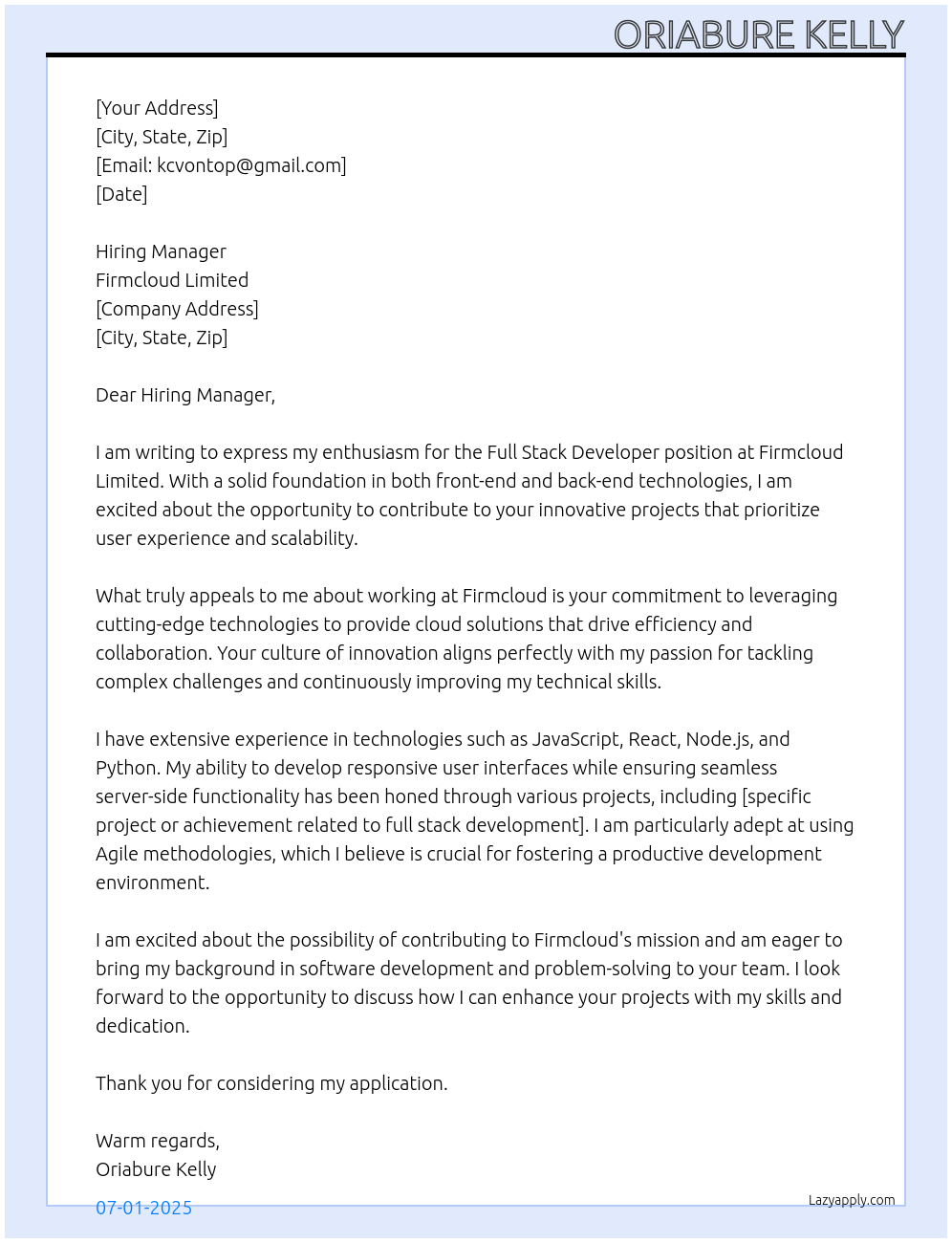 Full Stack Developer At Firmcloud Limited Cover Letter