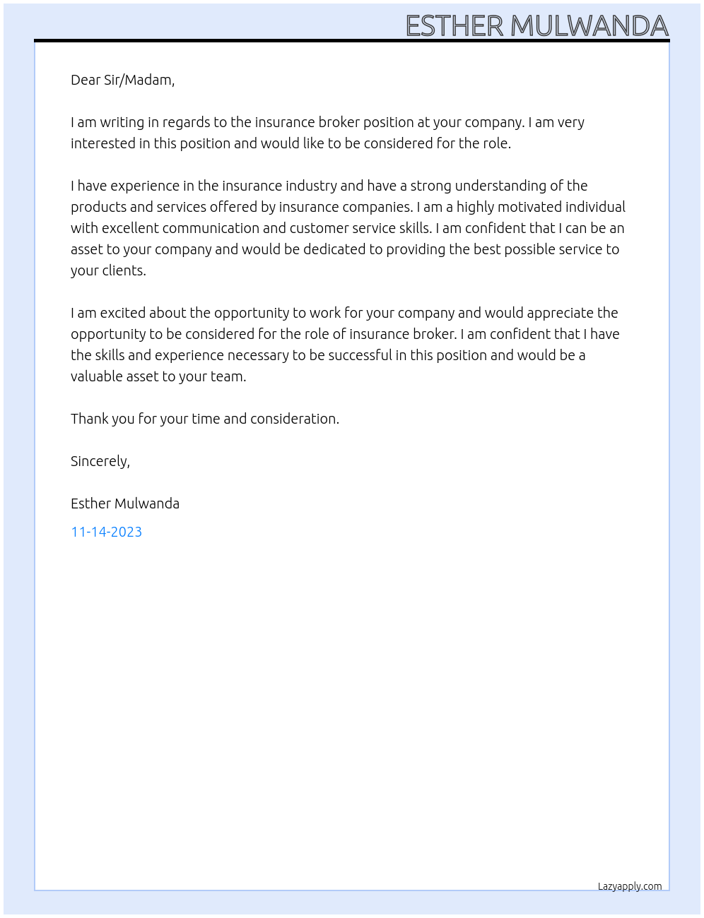 insurance broker At compnany Cover Letter