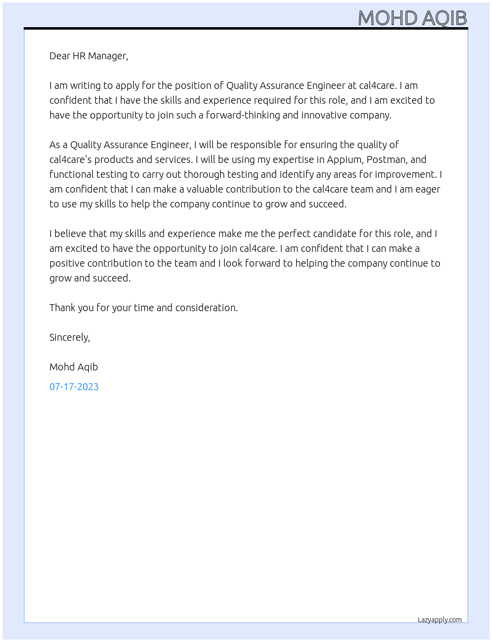 Quality Assurance Engineer At cal4care Cover Letter