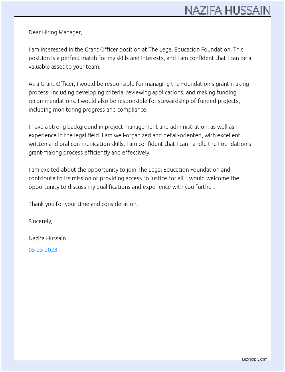 grant officer At The Legal Education Foundation Cover Letter