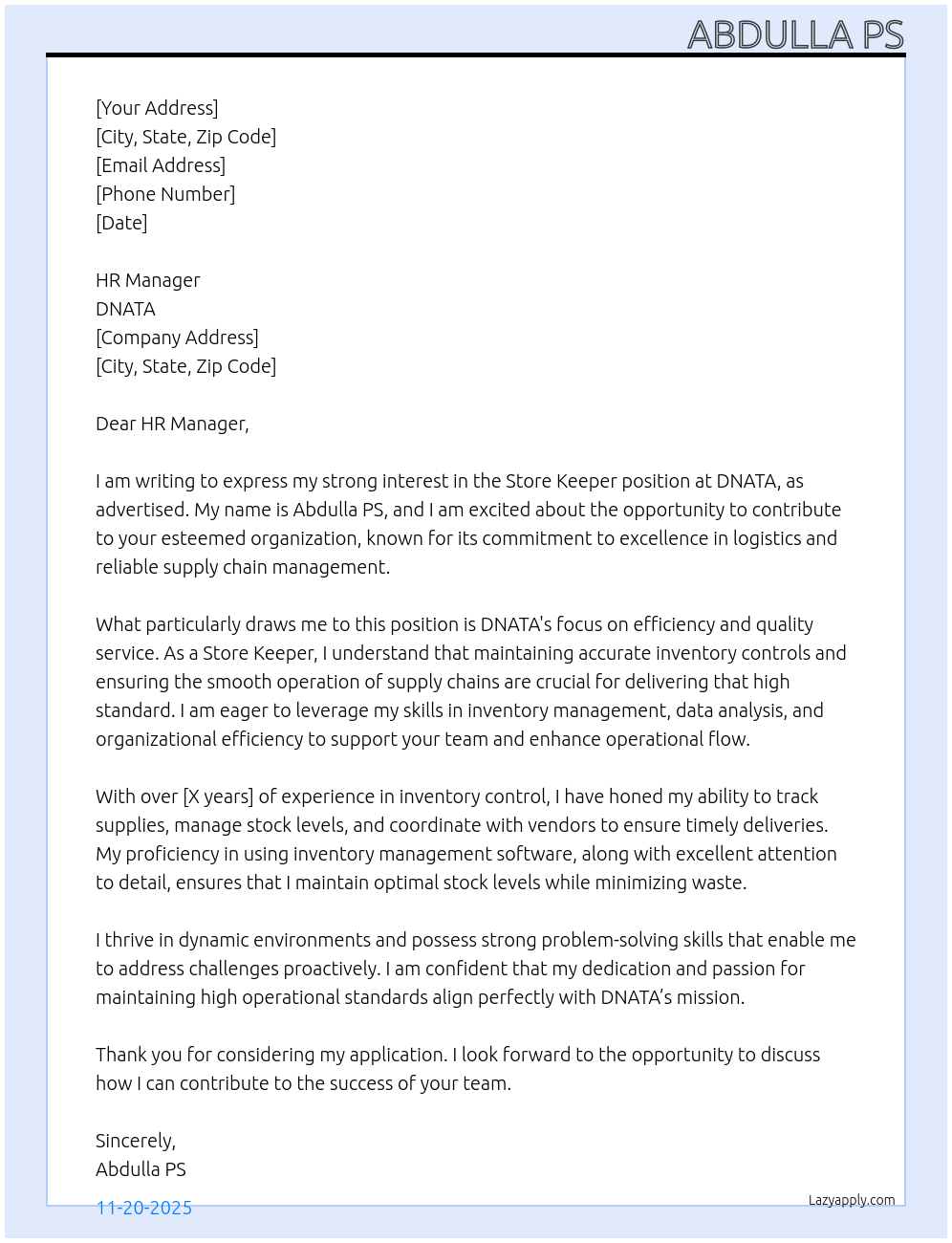 STORE KEEPER At DNATA Cover Letter