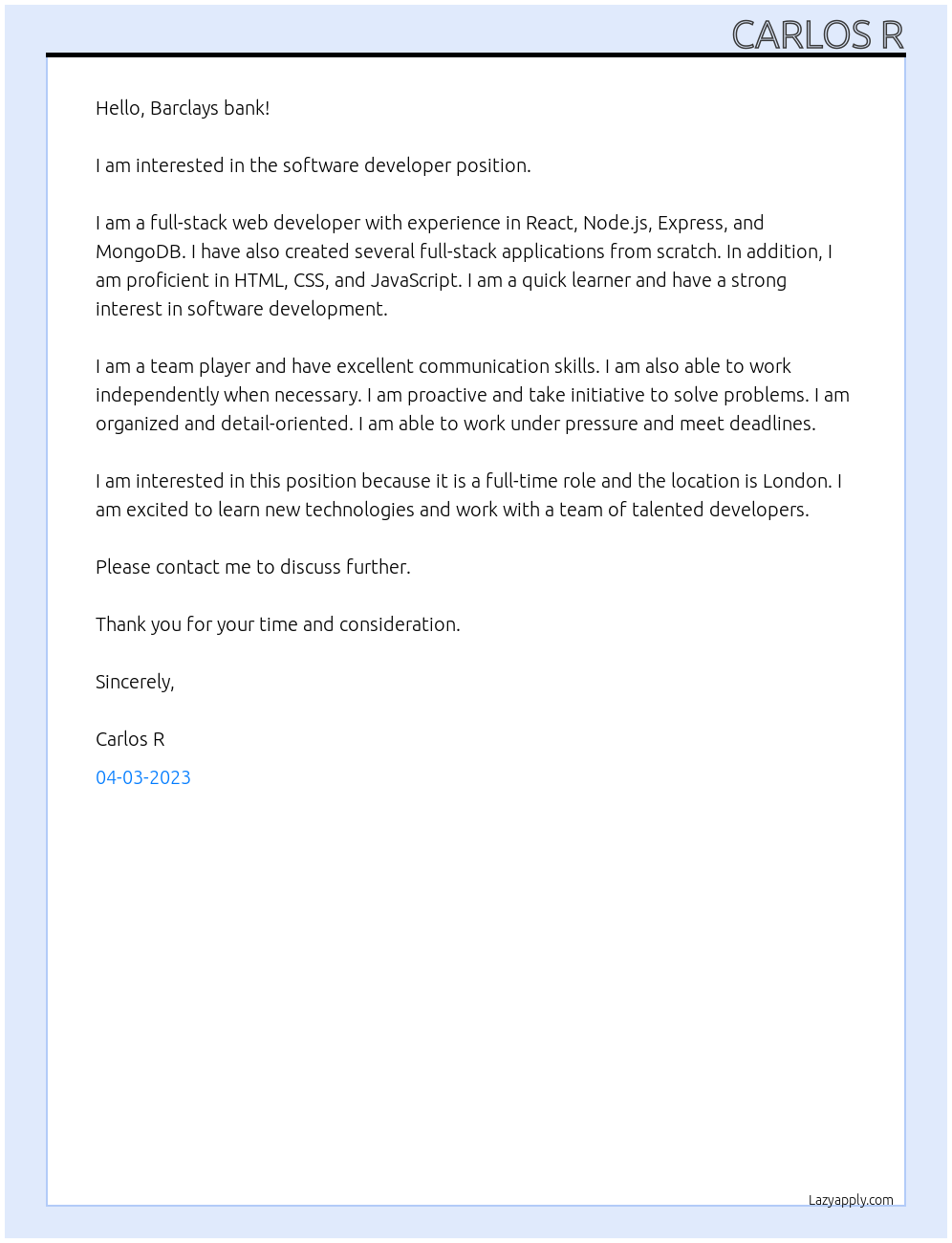 Software Developer At Barclays bank Cover Letter
