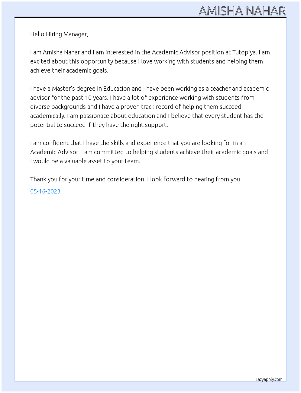 Academic Advisor At Tutopiya Cover Letter