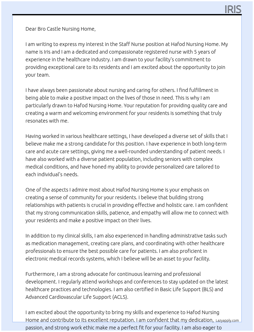 Staff nurse At Hafod nursing home Cover Letter