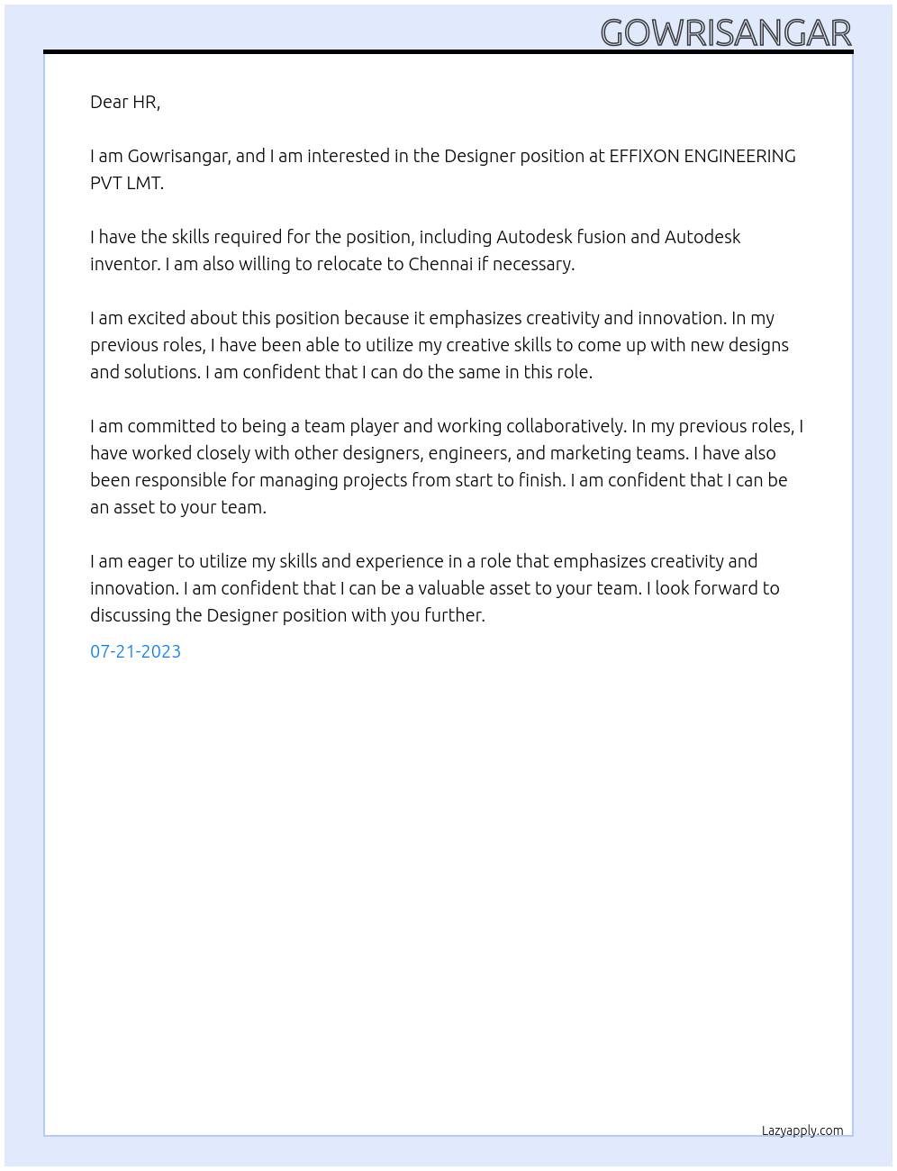 Designer At EFFIXON ENGINEERING PVT LMT Cover Letter